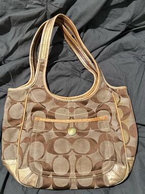Coach Brown Signature Shoulder Bag with Gold Trim
